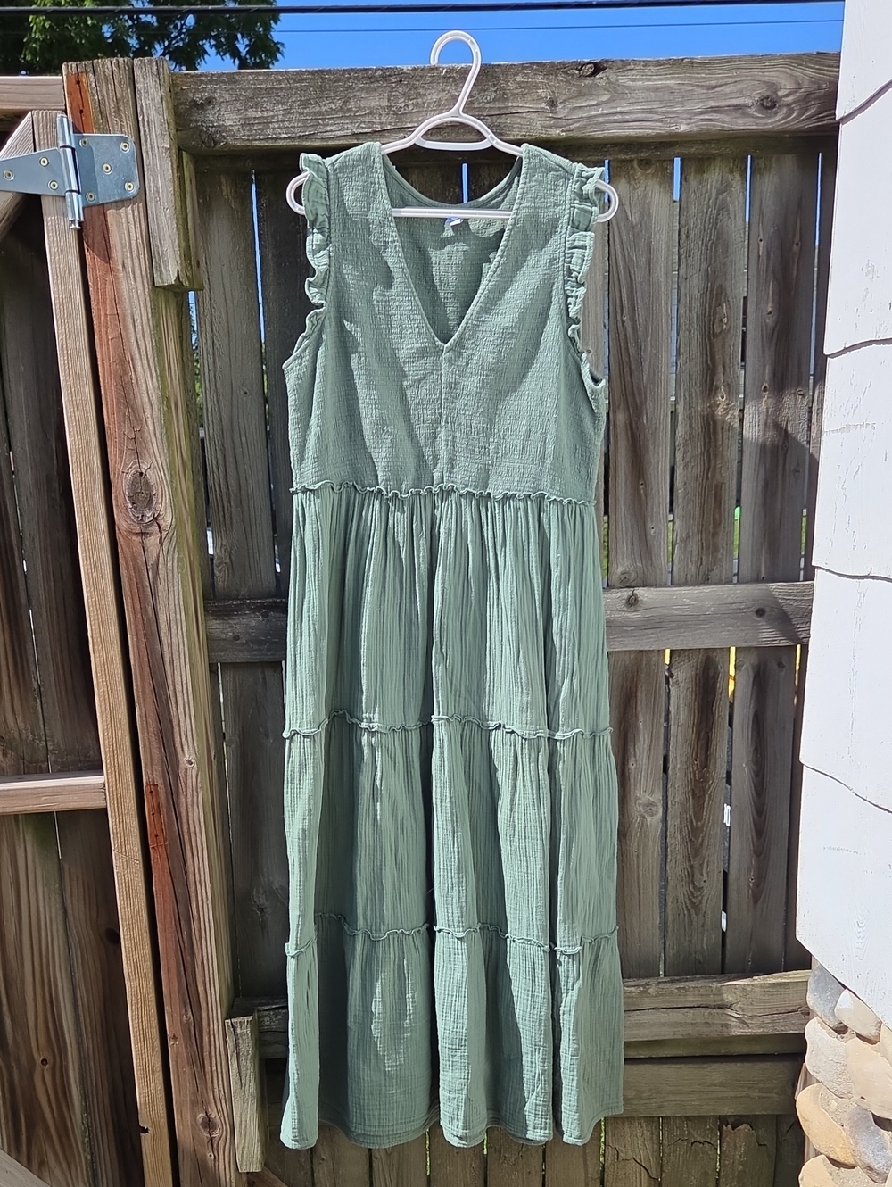 Old Navy Sage Green Tiered Maxi Dress with Ruffle Shoulders